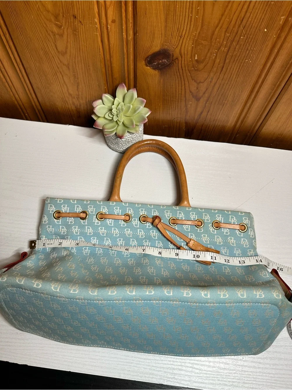 Dooney & Bourke Light Blue Monogram Drawstring Tote with Tan Trim